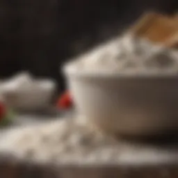 Close-up of a bowl filled with flour, baking powder, and salt, showcasing the essential dry ingredients for pizza dough.