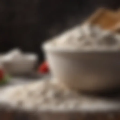 Close-up of a bowl filled with flour, baking powder, and salt, showcasing the essential dry ingredients for pizza dough.