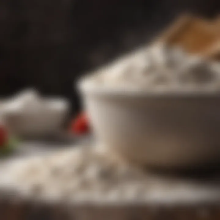 Close-up of a bowl filled with flour, baking powder, and salt, showcasing the essential dry ingredients for pizza dough.