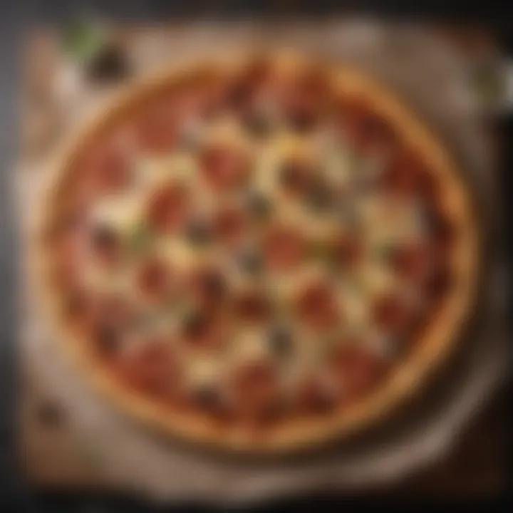 A beautifully baked pizza topped with cheese and various ingredients, showcasing the final mouthwatering result.