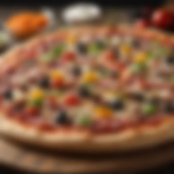 An array of colorful and fresh toppings laid out on a cutting board, ready to be added to the pizza.