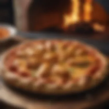 Wood-fired oven cooking buffalo chicken pizza