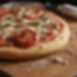 A close-up of freshly made pizza dough on a wooden surface.