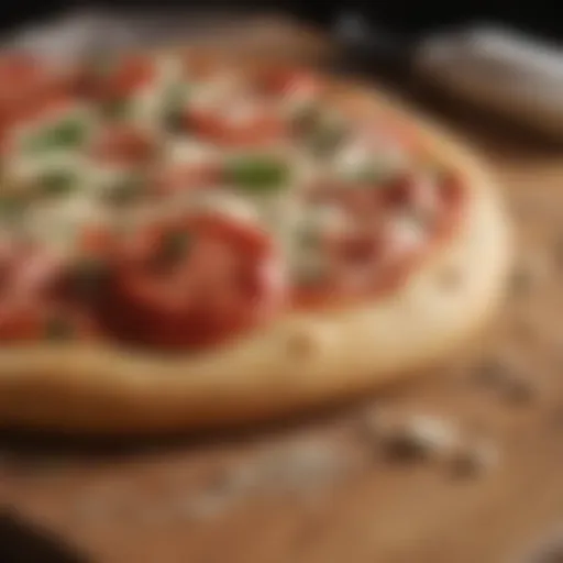 A close-up of freshly made pizza dough on a wooden surface.