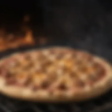 An oven scene capturing the cooking of BBQ chicken pizza, with cheese bubbling and crust browning.