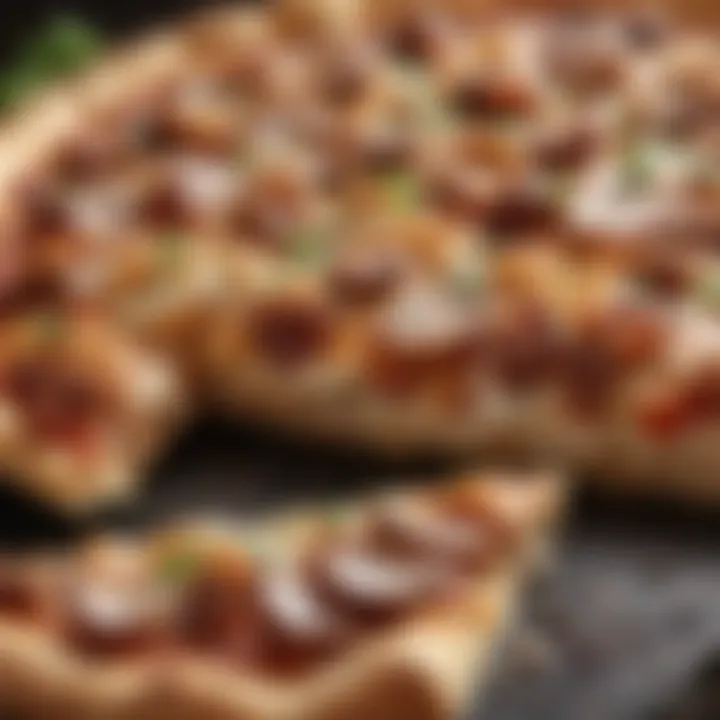 A slice of BBQ chicken pizza being lifted, showcasing its texture and toppings.