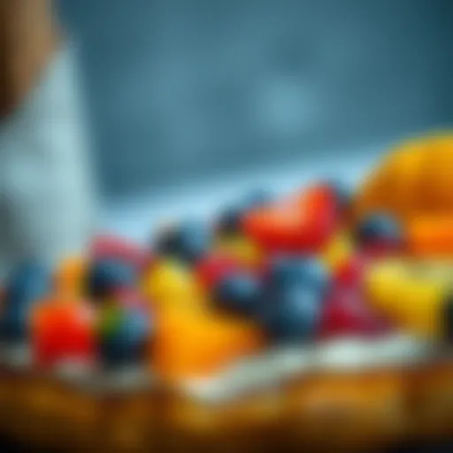 Colorful fruit toppings arranged beautifully on a dessert