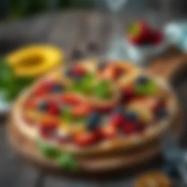 Freshly Baked Fruit Pizza Displayed A freshly baked fruit pizza showcased on a wooden board
