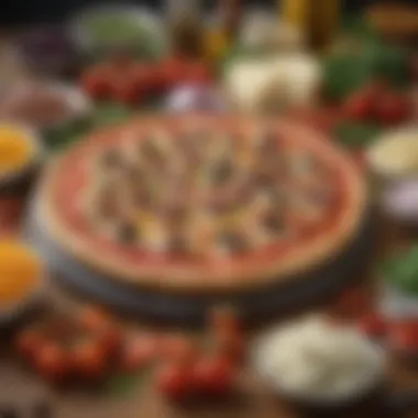 An array of gourmet toppings, including fresh vegetables and cheeses