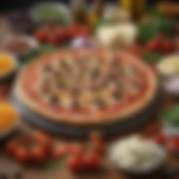 An array of gourmet toppings, including fresh vegetables and cheeses