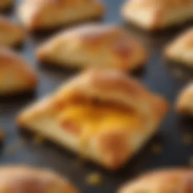 A close-up of a freshly baked crescent roll pizza pocket with melted cheese oozing out.