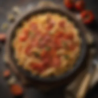 Gourmet Pasta Delight Enhanced by Pepperoni Gourmet pasta dish topped with spicy pepperoni