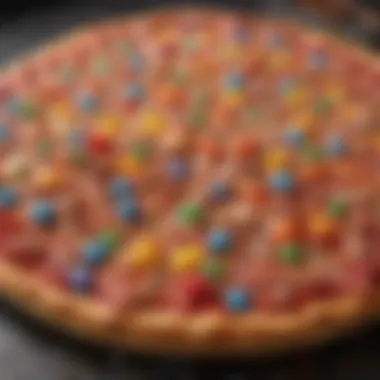 A vibrant dessert pizza topped with colorful candies and sprinkles