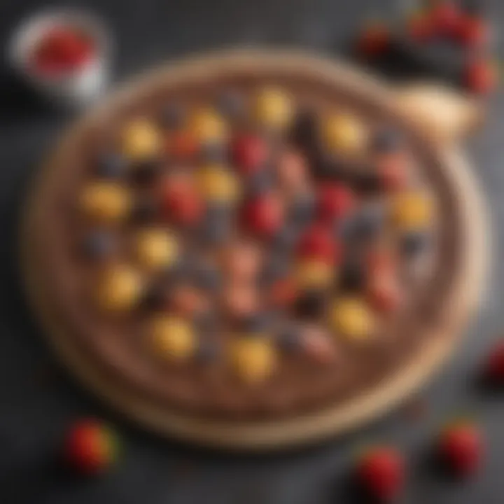 A close-up shot of a chocolate dessert pizza with fresh fruits