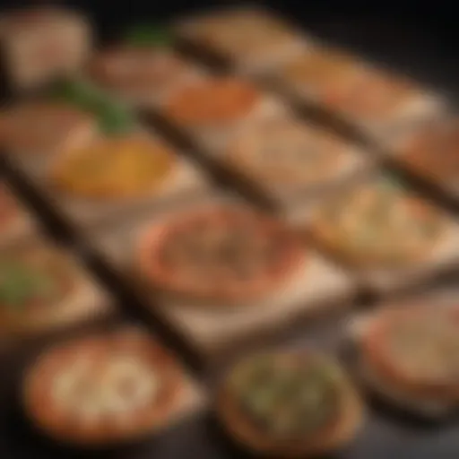 An array of gourmet pizza dinner boxes showcasing diverse toppings and styles