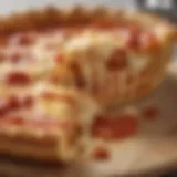 A close-up view of a perfectly baked deep dish cheese pizza showcasing its thick crust and gooey cheese