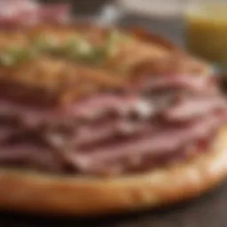 Flavorful pastrami slices on Reuben pizza