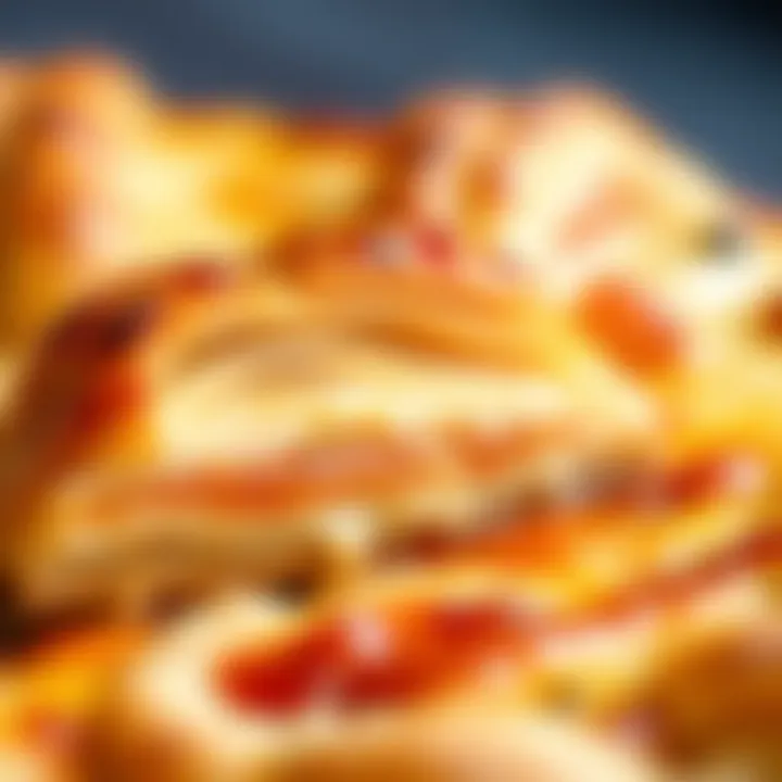 A close-up of the unique croissant crust revealing its buttery layers