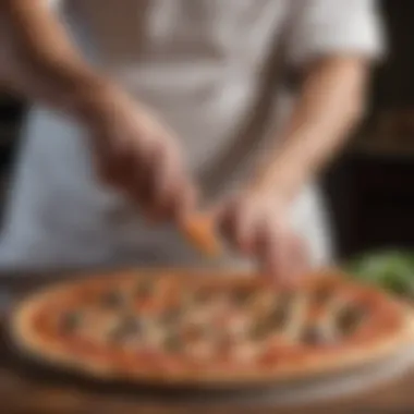 A pizza enthusiast demonstrating the tool on a freshly baked pizza