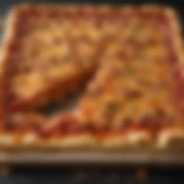 Crunchy crust of a Detroit-style pizza baked to perfection