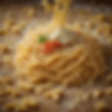 Sprinkling of freshly grated Parmesan cheese on a bed of golden pasta