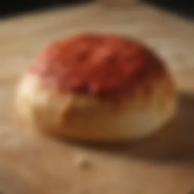 A perfectly textured pizza dough ball resting on a wooden surface.