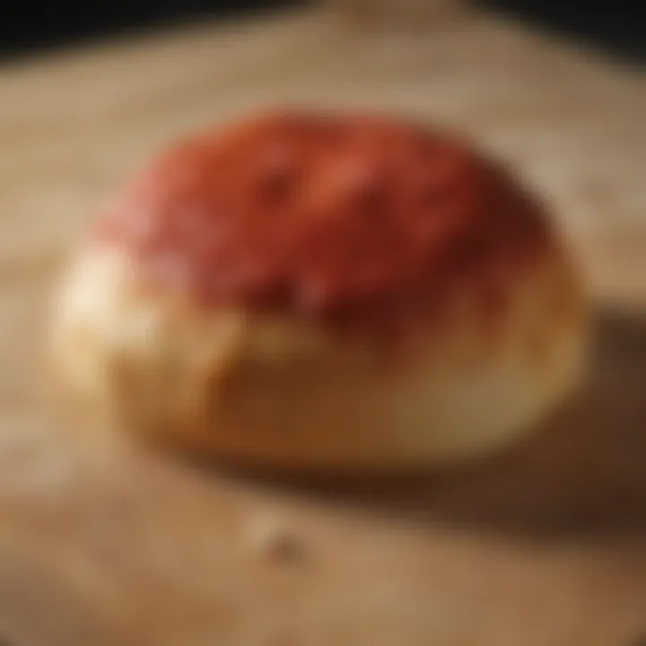 A perfectly textured pizza dough ball resting on a wooden surface.