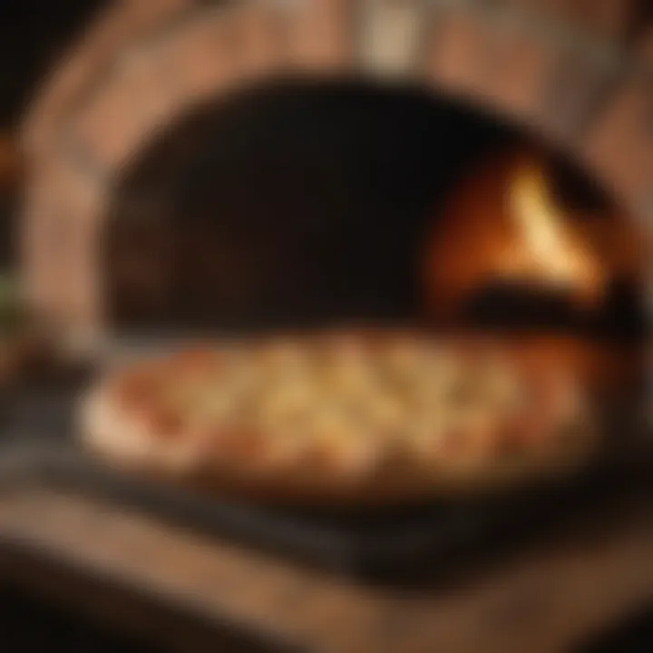 Wood-fired oven with bubbling cheese pizza