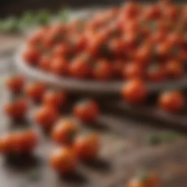 Close-up of ripe cherry tomatoes on a rustic kitchen table