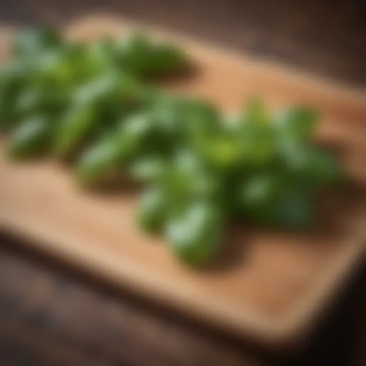 Freshly picked basil leaves on a wooden cutting board