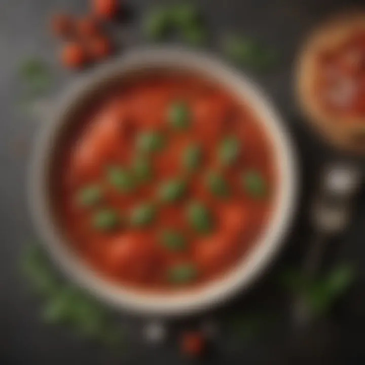 A vibrant tomato sauce in a bowl with herbs