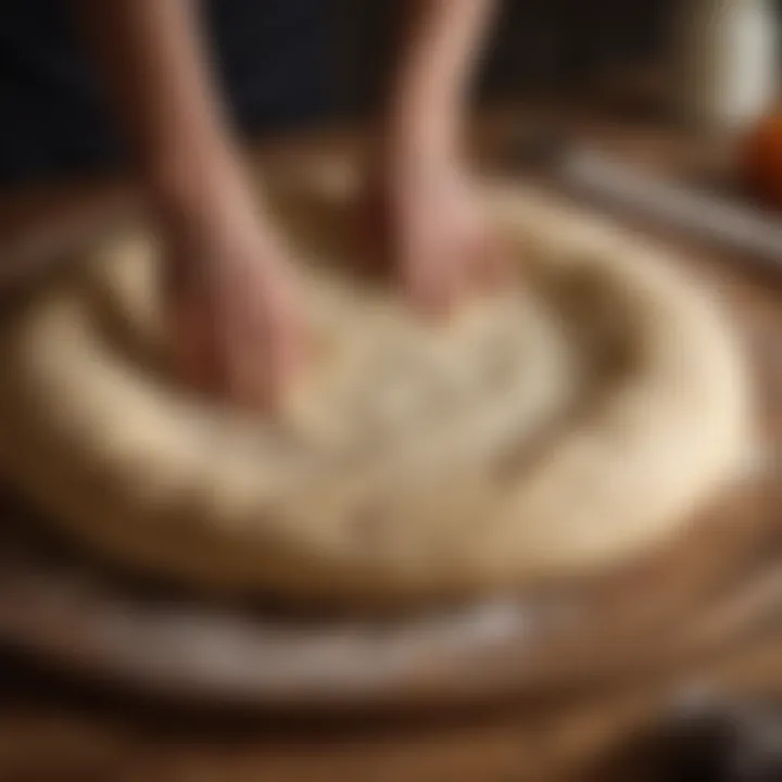 Sourdough pizza dough being expertly stretched on a wooden board