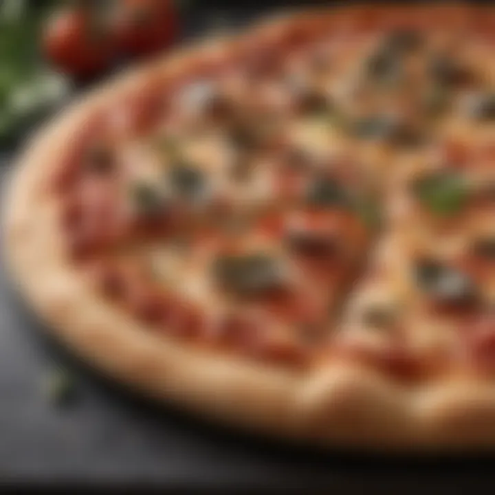 Perfectly baked pizza on an extra large rectangular stone.