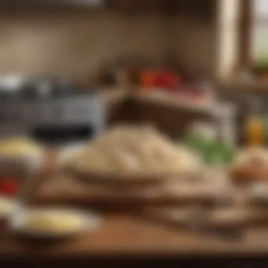 Rustic Kitchen Presentation of Aldi Chicken Alfredo Ingredients A rustic kitchen setting featuring Aldi Chicken Alfredo ingredients artfully arranged for a culinary presentation.