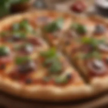 A close-up of a gourmet appetizer pizza with fresh herbs and vibrant ingredients.