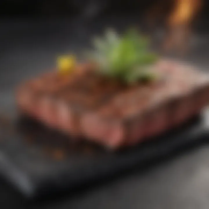 Juicy steak searing on a hot stone slab