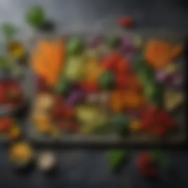 Colorful array of vegetables roasting on a stone slab