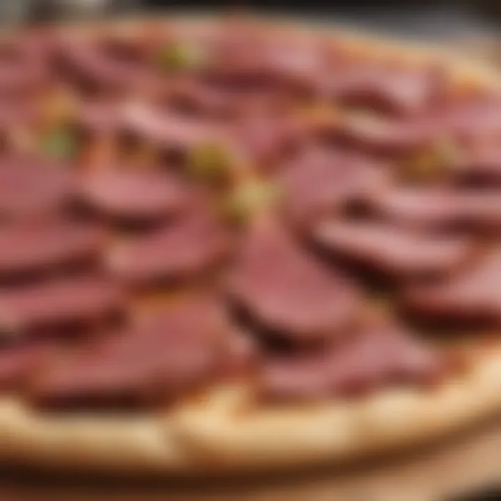 Savory corned beef slices on a gourmet pizza