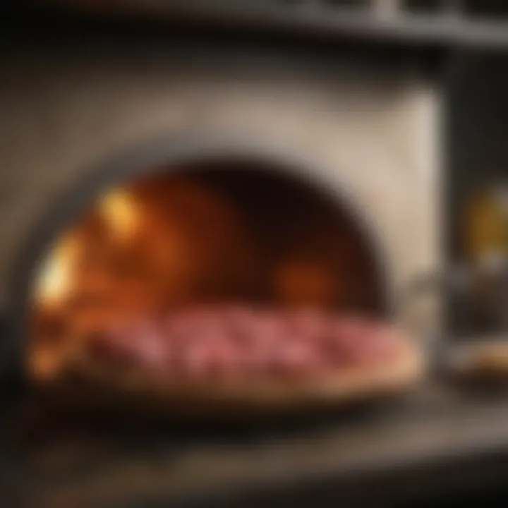 Wood-fired oven baking a corned beef pizza to perfection