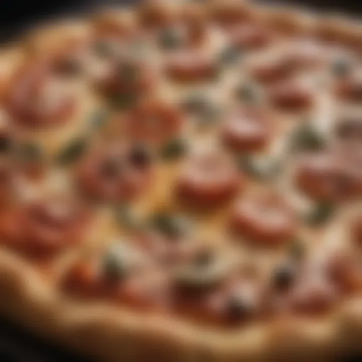 Close-up of a deliciously baked pizza highlighting texture and toppings.