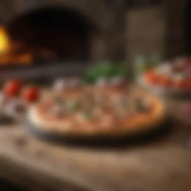 An assortment of fresh ingredients prepared for pizza making beside the Blackstone oven.