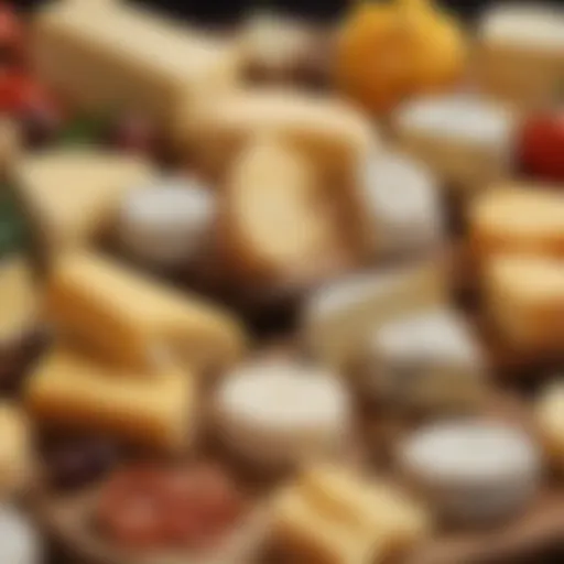 A close-up of a variety of cheeses showcasing textures and colors