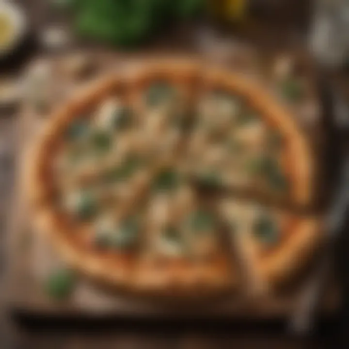 An elegant presentation of Chicken Florentine pizza on a rustic wooden table