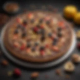 An artistic depiction of a chocolate pizza topped with fruits and nuts
