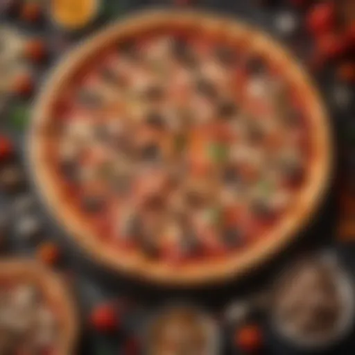 A vibrant assortment of traditional pizza toppings including pepperoni, mushrooms, and bell peppers.