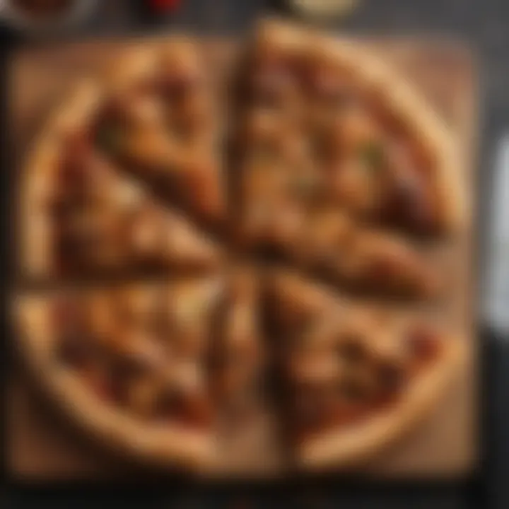 A beautifully presented barbecue chicken pizza slice on a wooden board