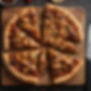 Beautifully Presented Barbecue Chicken Pizza Slice A beautifully presented barbecue chicken pizza slice on a wooden board