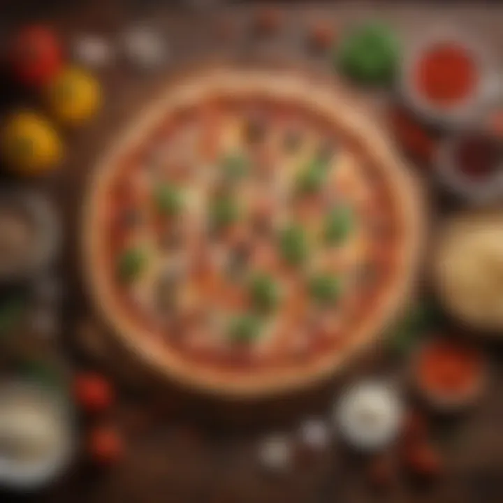 Colorful pizza ingredients showcased on a rustic wooden table