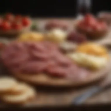 Artful Charcuterie: Pepperoni and Cheese Delight A visually stunning charcuterie board featuring pepperoni and an array of cheeses.