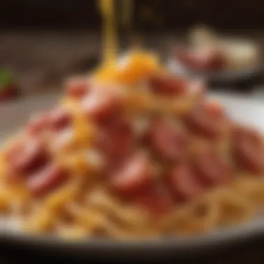 A vibrant pasta dish showcasing pepperoni and a medley of cheese.